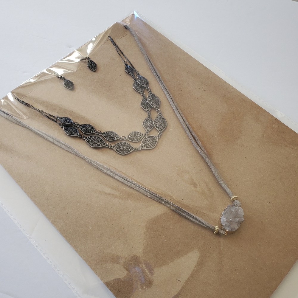 Necklace Bundle of 2 Geode Pendant 2 Strand Necklace and Earring Set Boho Grey